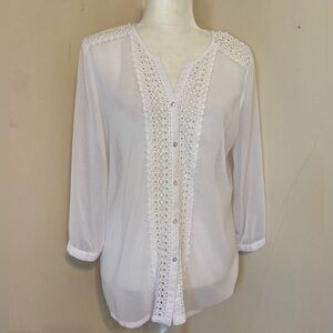 Laura Ashley Women’s Sheer White Crochet Lace Button Down Peasant Blouse Medium